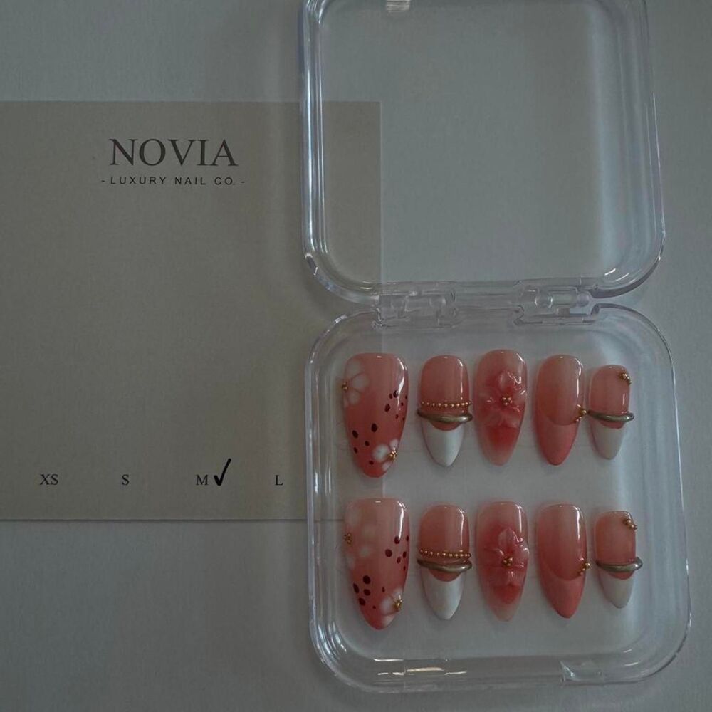 Pink 3D Floral Press On Nails | Gold French Tip & Polka Dot Nails | Size Medium